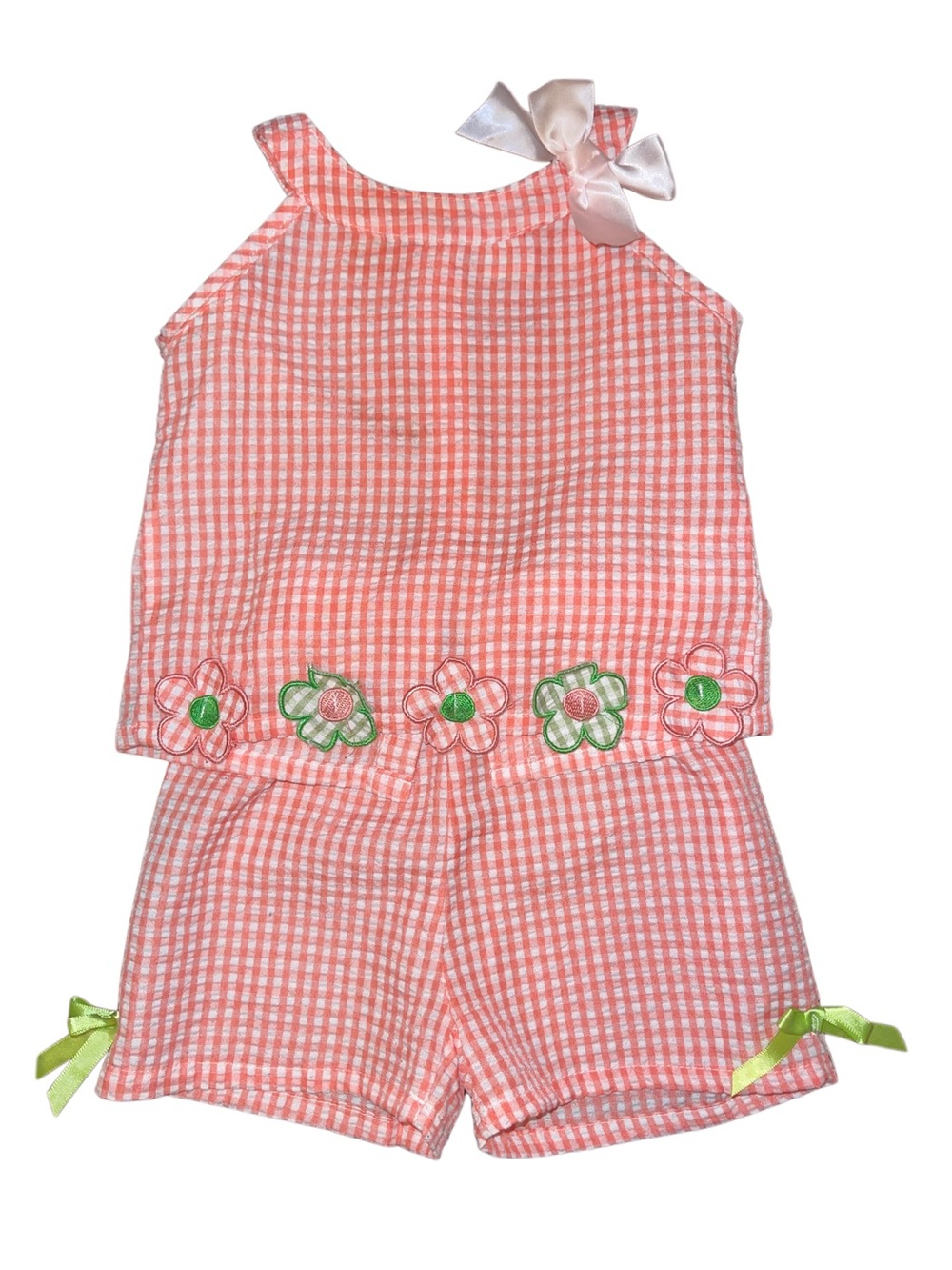 Pink Gingham Two-Piece Floral Appliqué Set